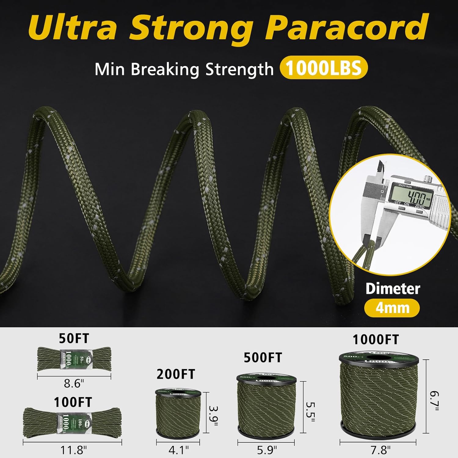 1000lb Reflective Paracord 4mm - đánh giá và giá Para Cord 1000Ft